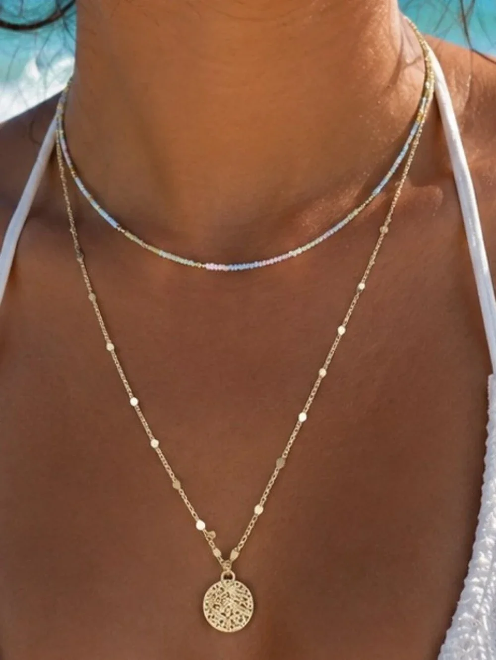 Boho Layered Necklace Pastel Beaded & Gold Chain Pendant Stacked Fashion Jewelry